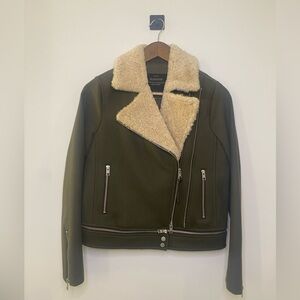 All Saints Women's Green Wool Military Moto Jacket with Cream Shearling